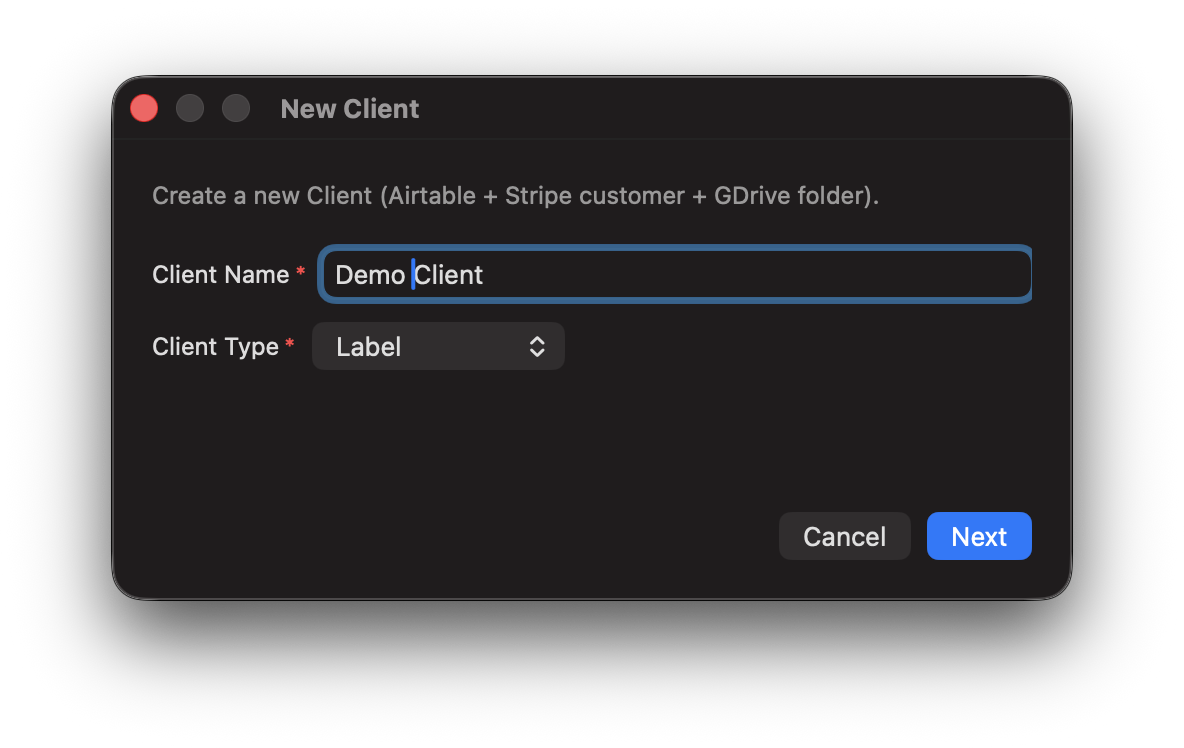 New Client dialog with Client Name and Client Type fields