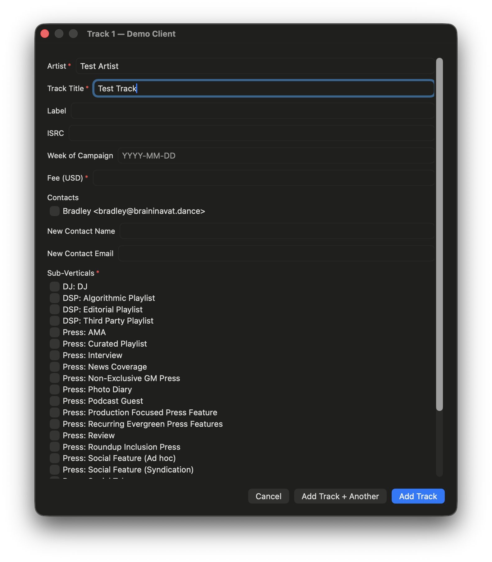 Track popup form with artist, title, label, and contact fields