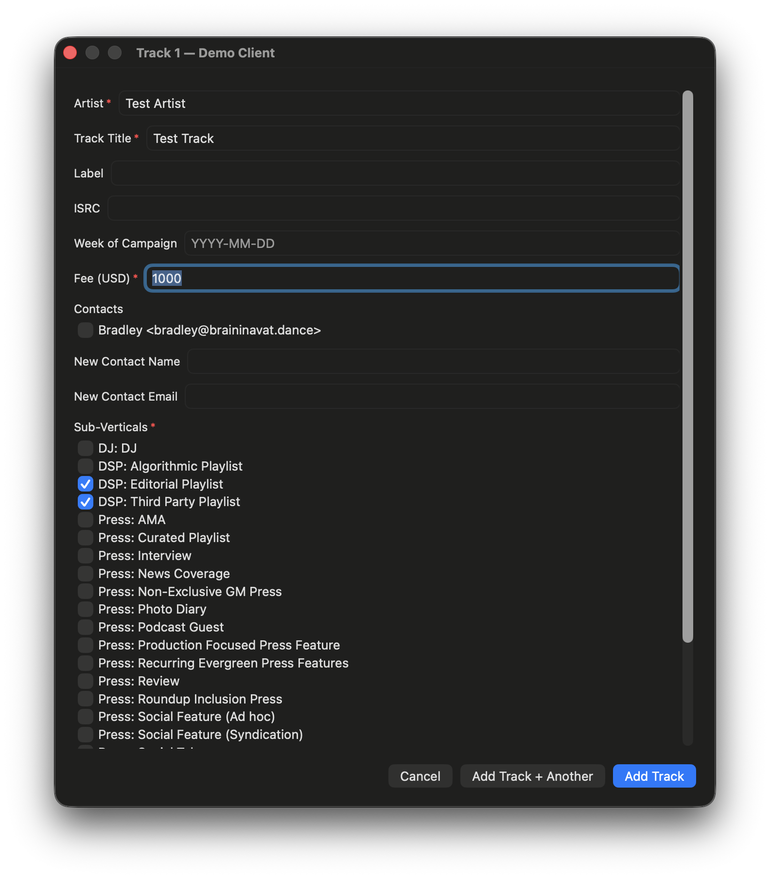 Same track form with fee filled and DSP Editorial + Third Party Playlist checked