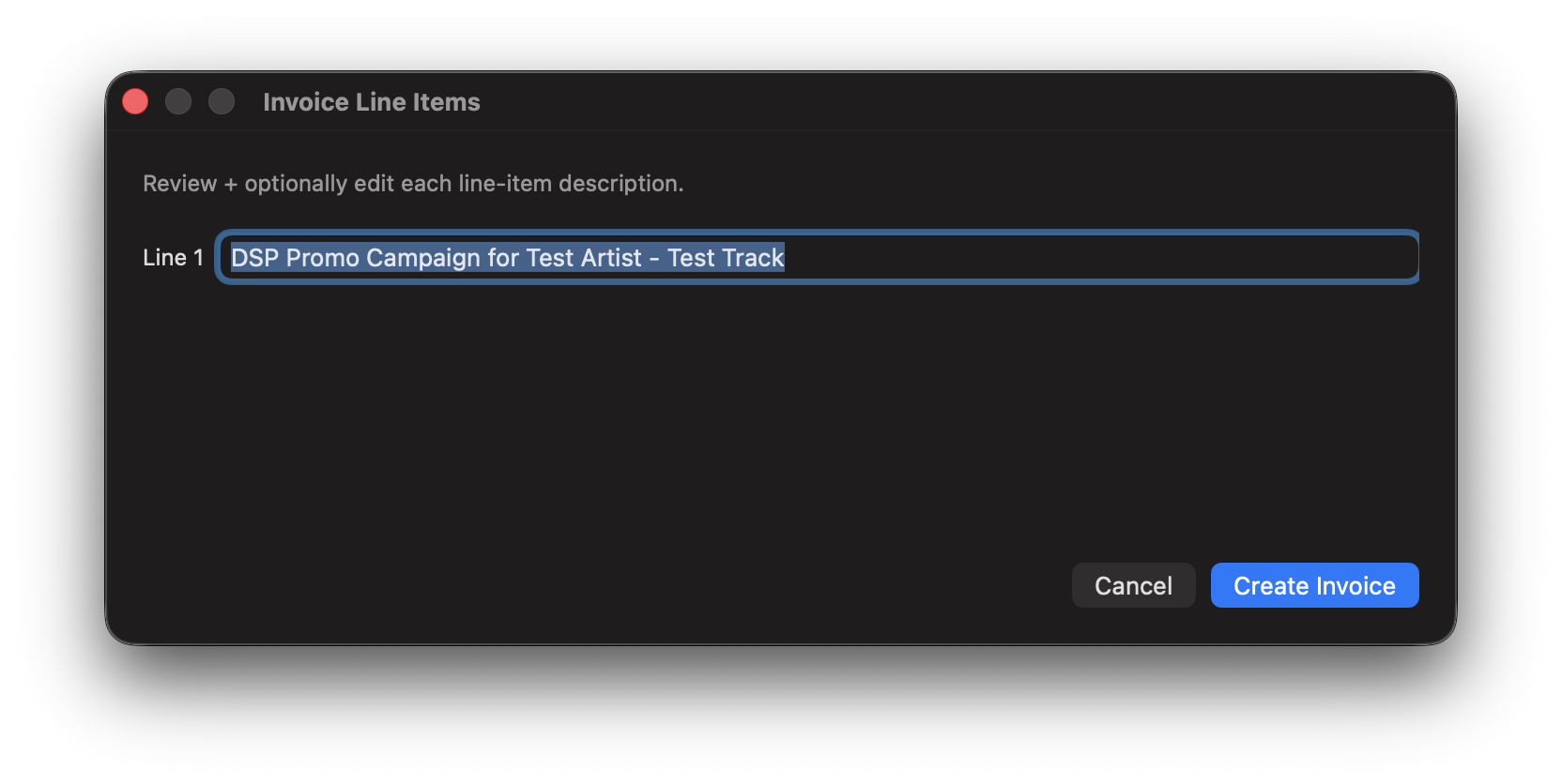Invoice Line Items dialog with a single DSP Promo Campaign line