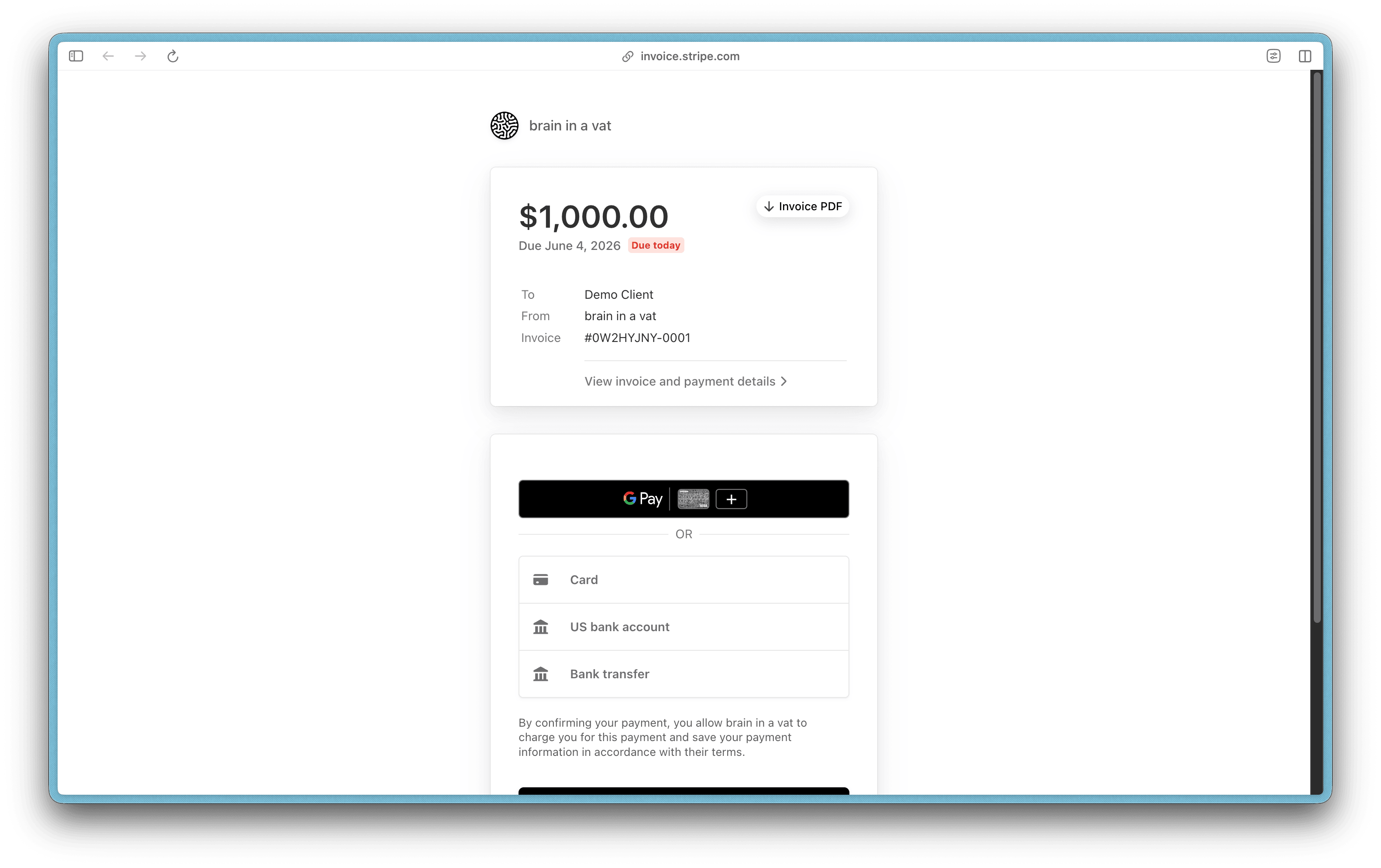 Stripe-hosted invoice page for $1,000 with payment options