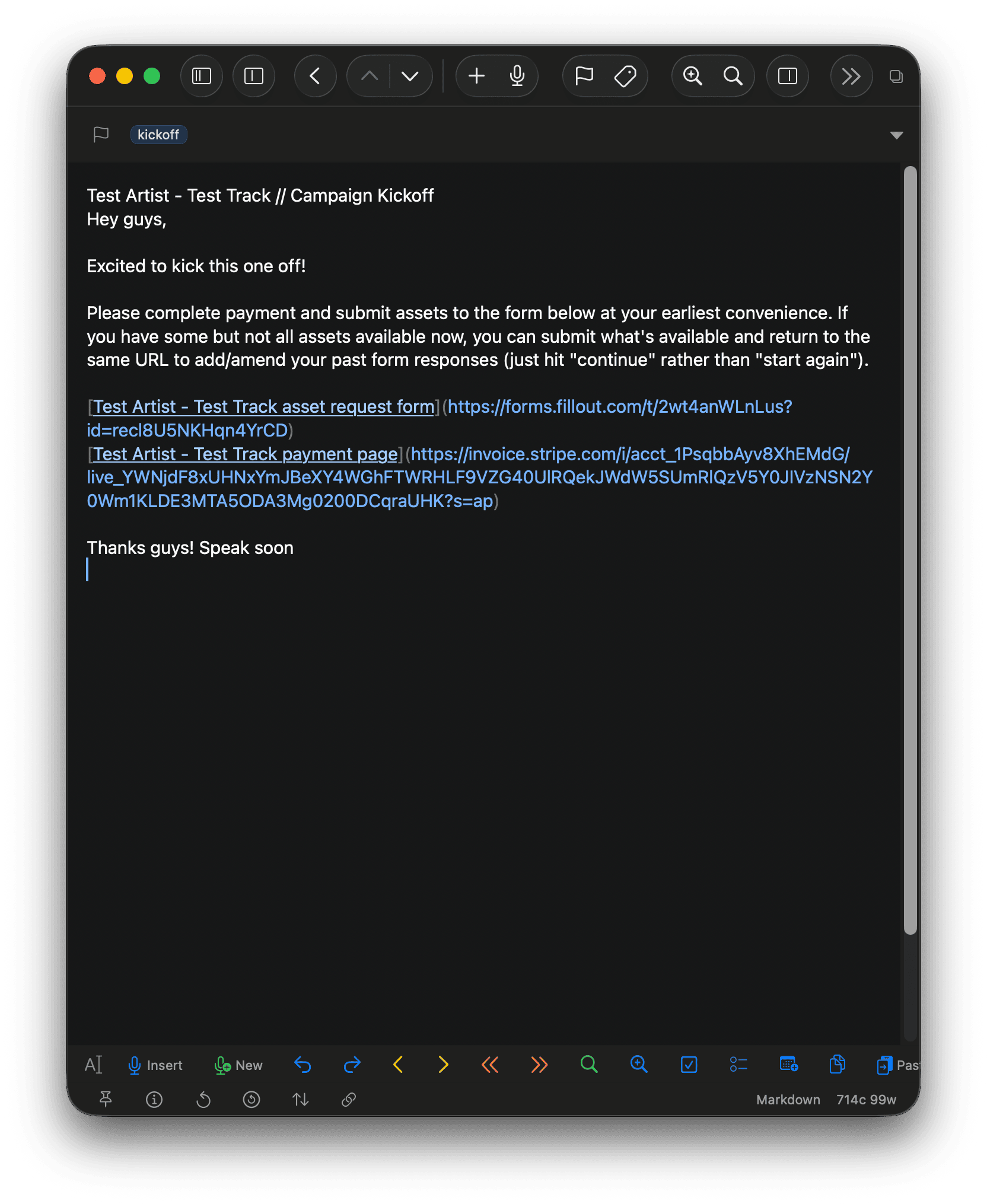 Drafts email with kickoff greeting and inline links to payment and asset form