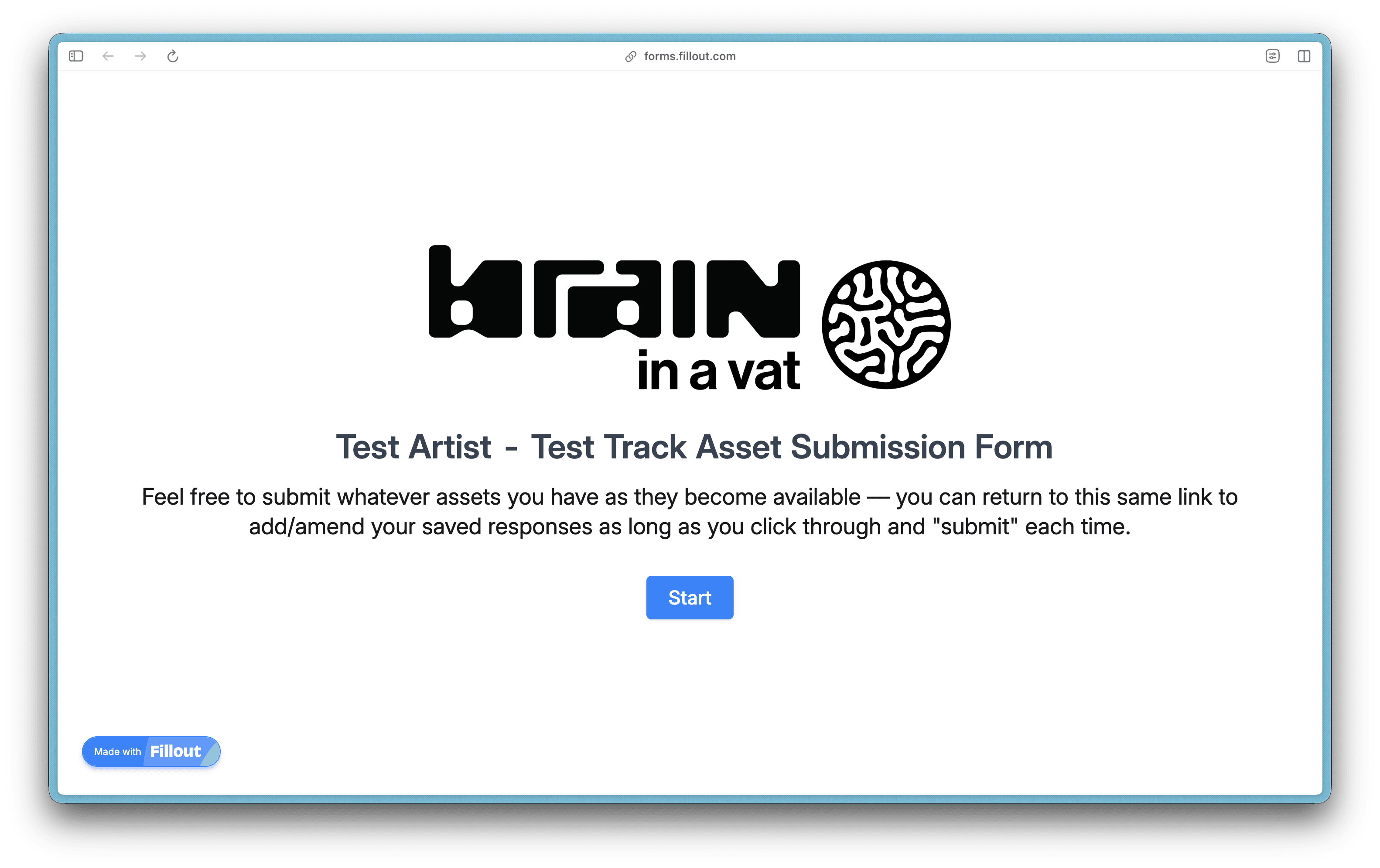 Fillout asset submission form landing page for the campaign