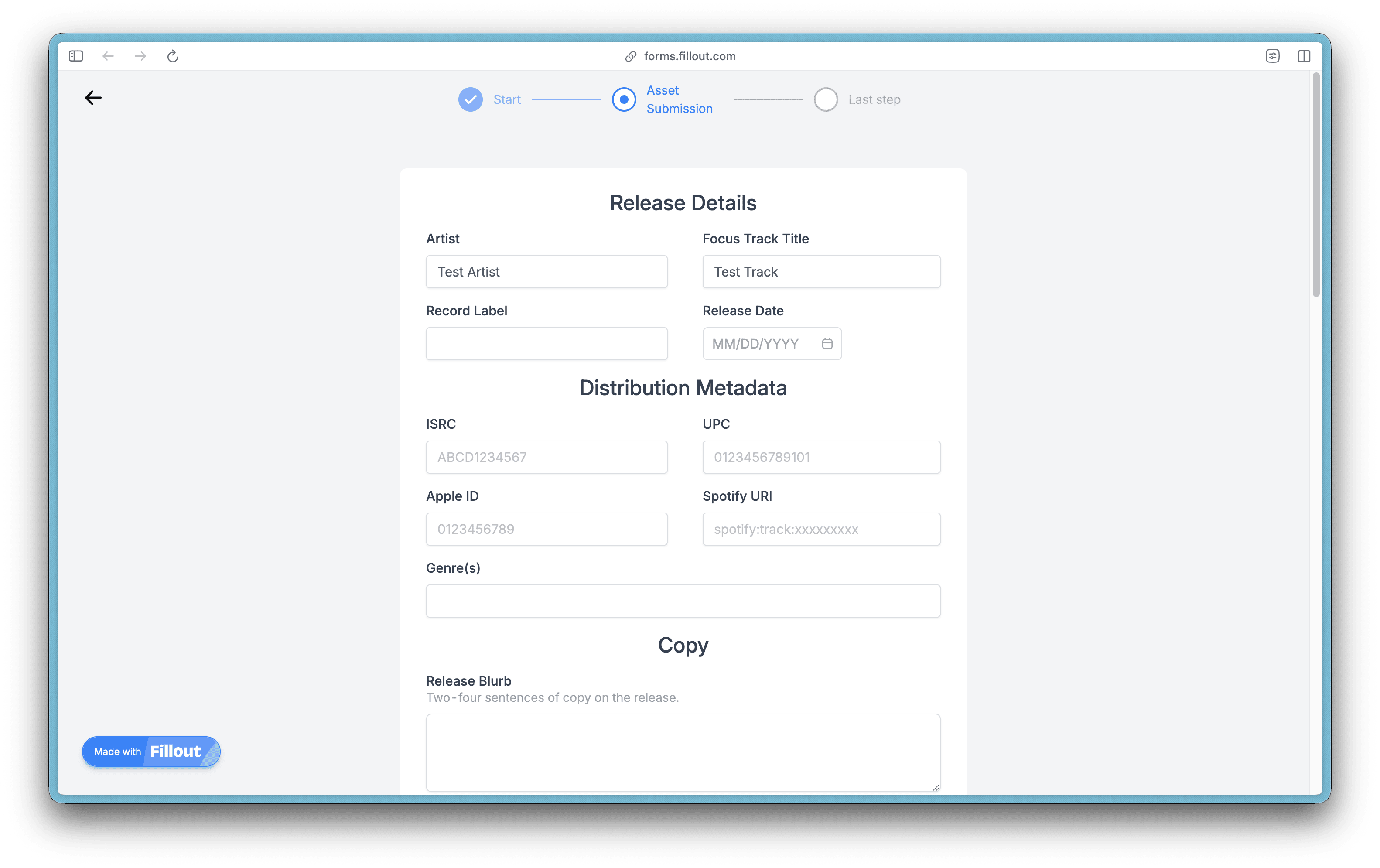 Fillout form interior with Release Details, Distribution Metadata, and Copy sections