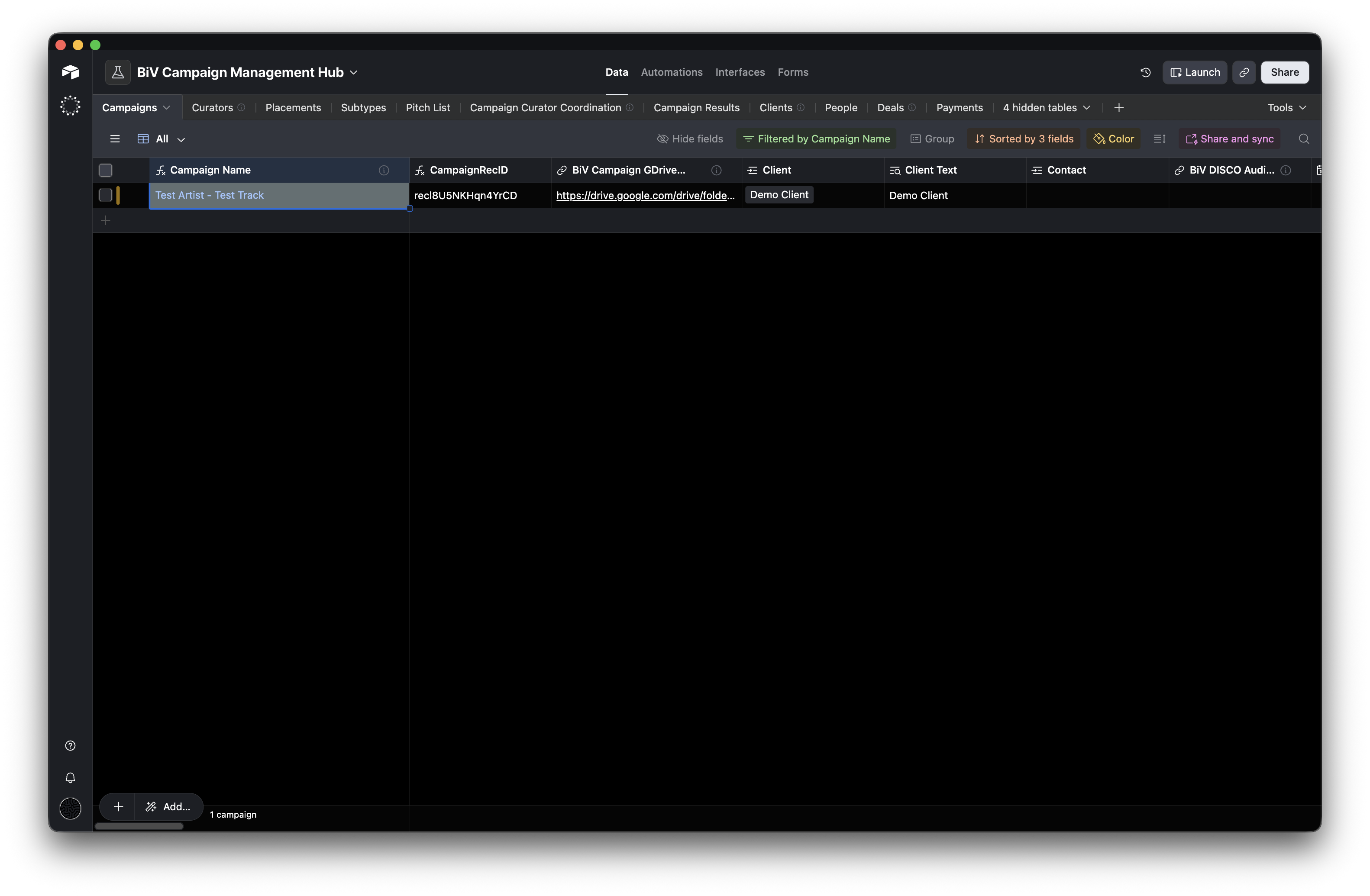 Airtable BiV Campaign Management Hub showing the new campaign row